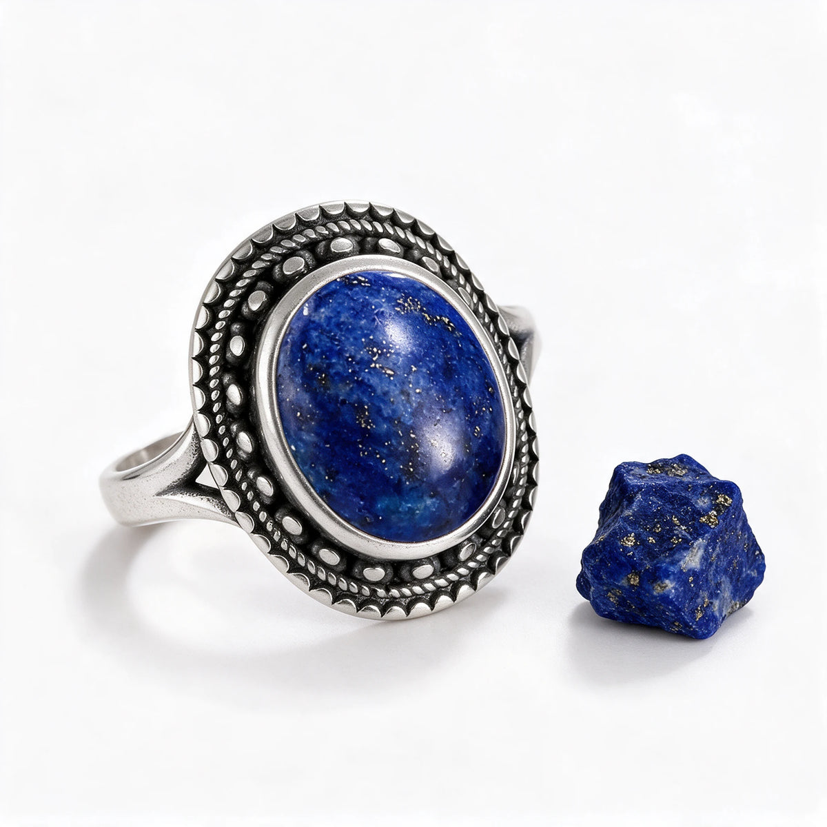Pierścionek Ariadne z lapis lazuli obok surowego lapis lazuli, minerał poza zestawem