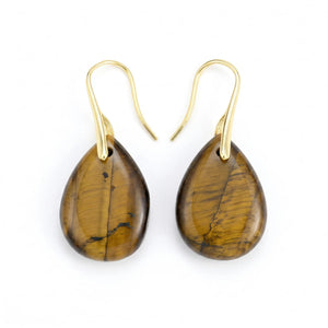Złote kolczyki z naturalnego kamienia tygrysie oko Lumi w kształcie łezki, wisząca biżuteria damska