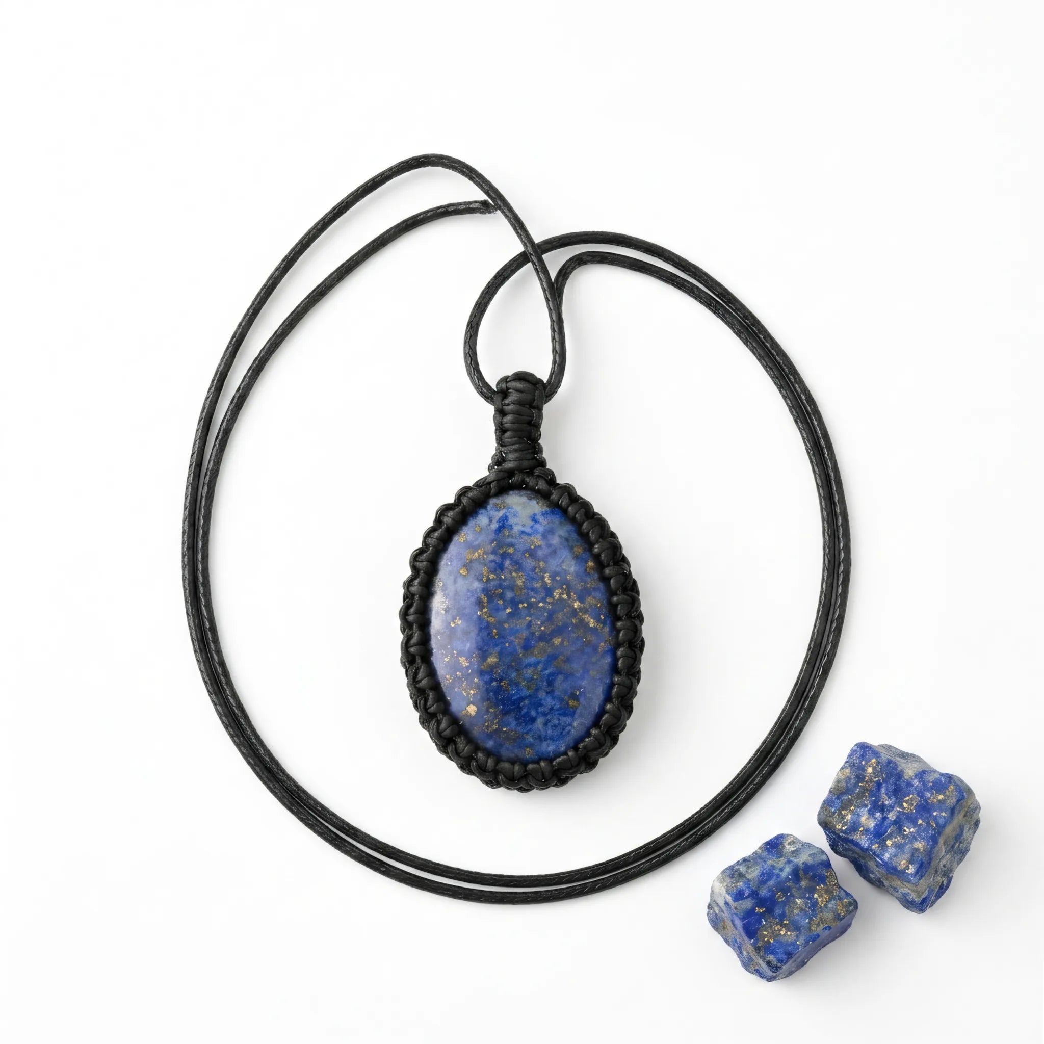Naszyjnik z kamienia naturalnego lapis lazuli Iona, granatowy wisiorek w czarnym oplocie makramy na białym tle