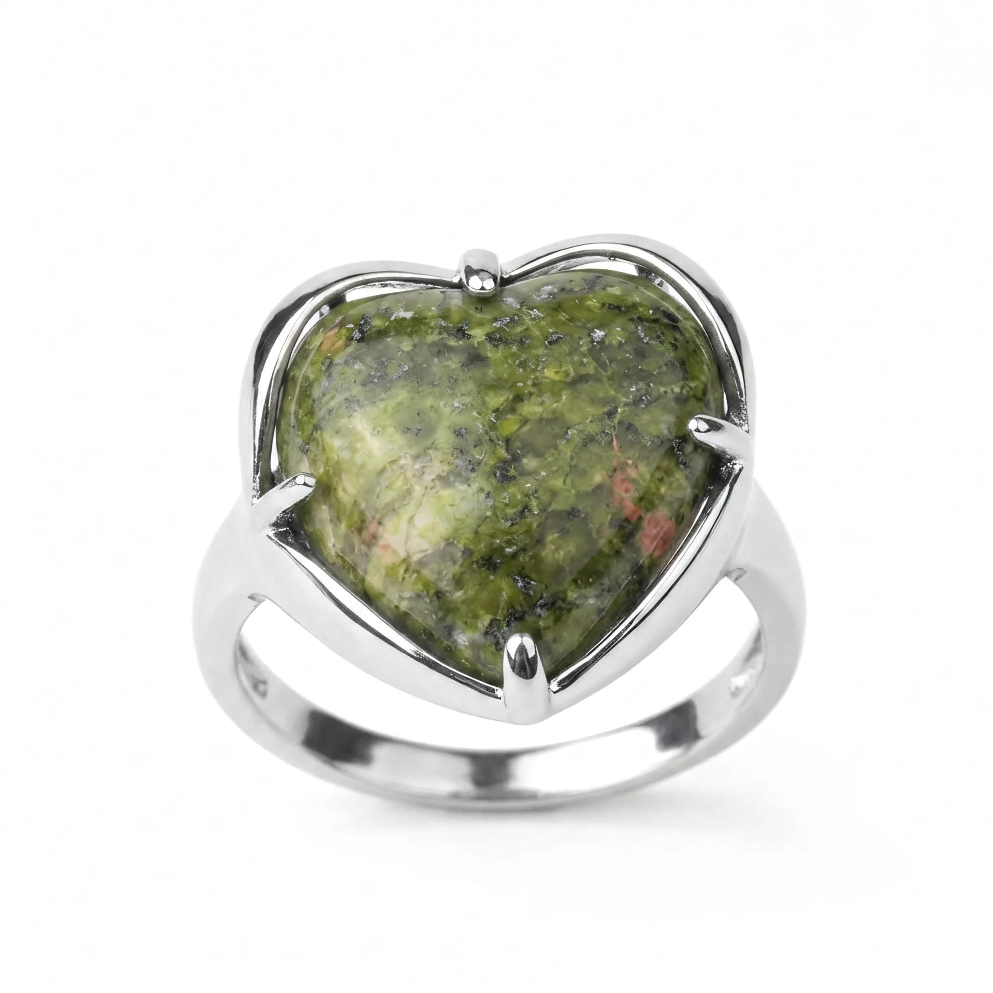 Srebrny pierścionek regulowany Adara z unakitu naturalnego w kształcie serca, zielony kamień z różowymi akcentami