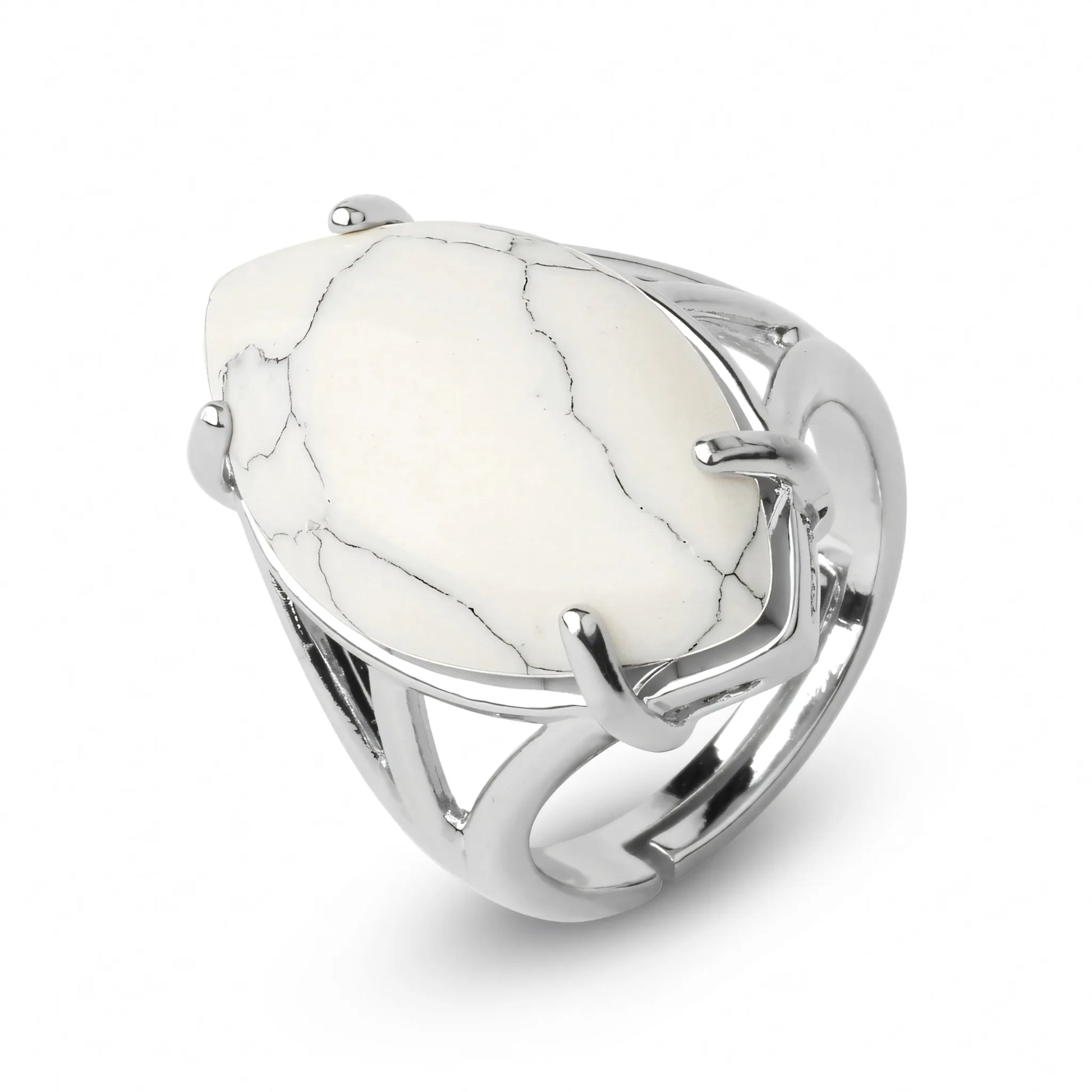 Regulowany srebrny pierścionek Petra z naturalnym białym howlitem o kształcie markizy z szarymi żyłkami