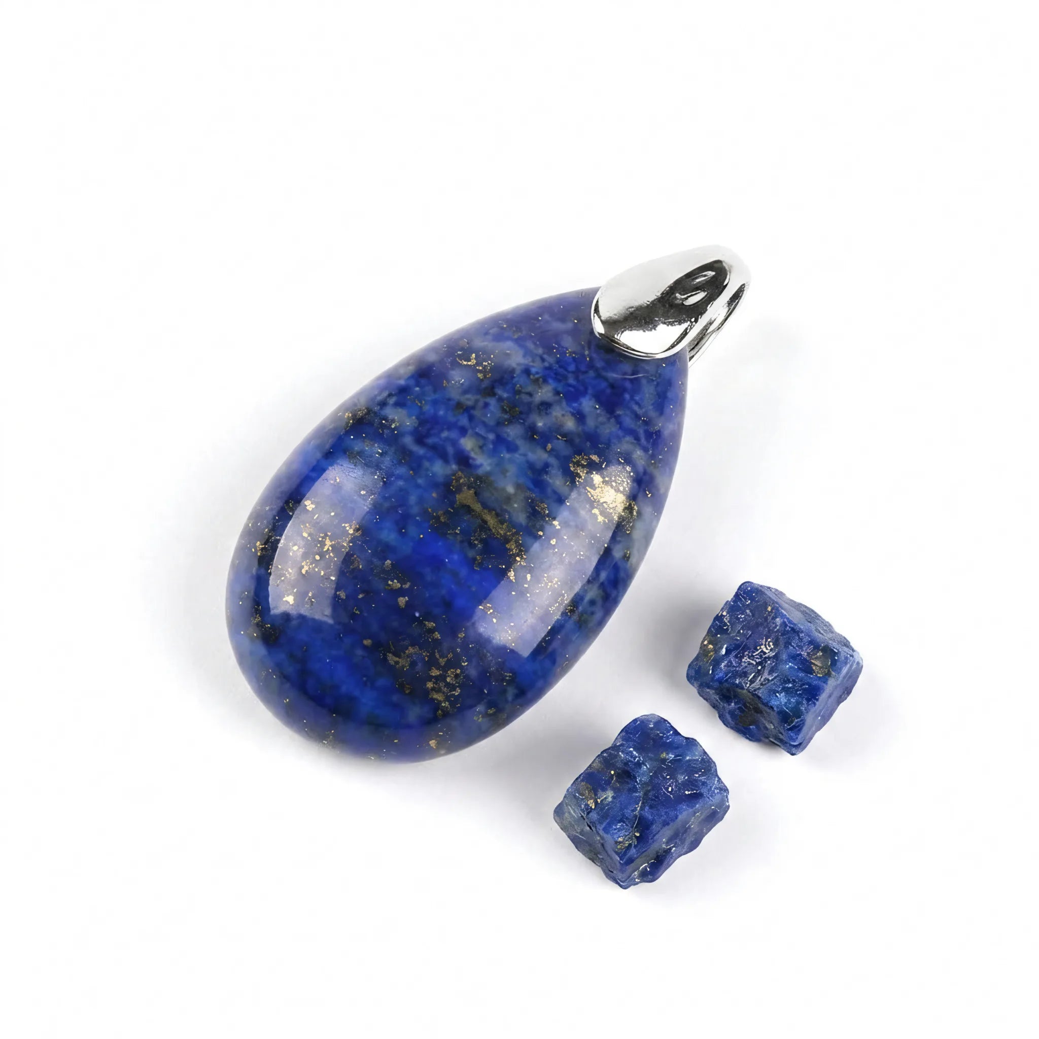 Zawieszka z kamienia naturalnego lapis lazuli Vega w kształcie łezki, srebrna krawatka i surowe niebieskie kamienie